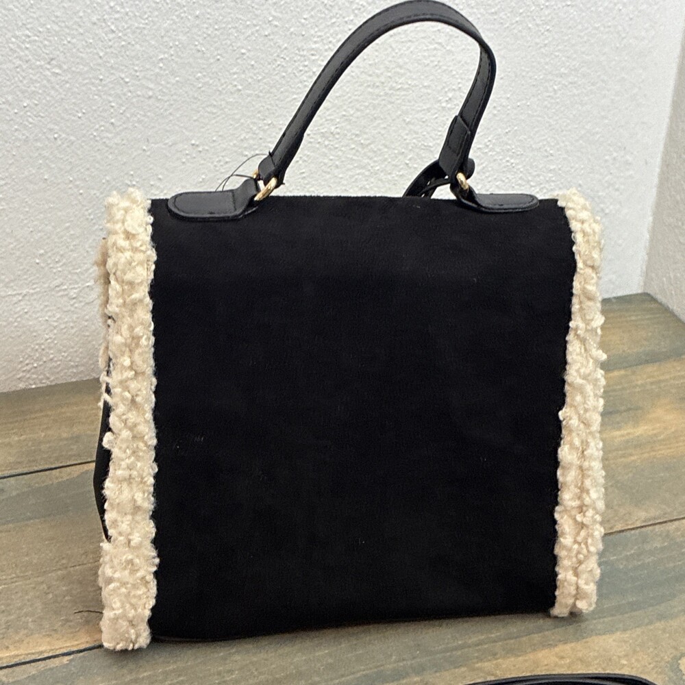 Badgley Mischka NWT Shearling Faux Fur Satchel Crossbody Black Handbag(ST) - Picture 5 of 10